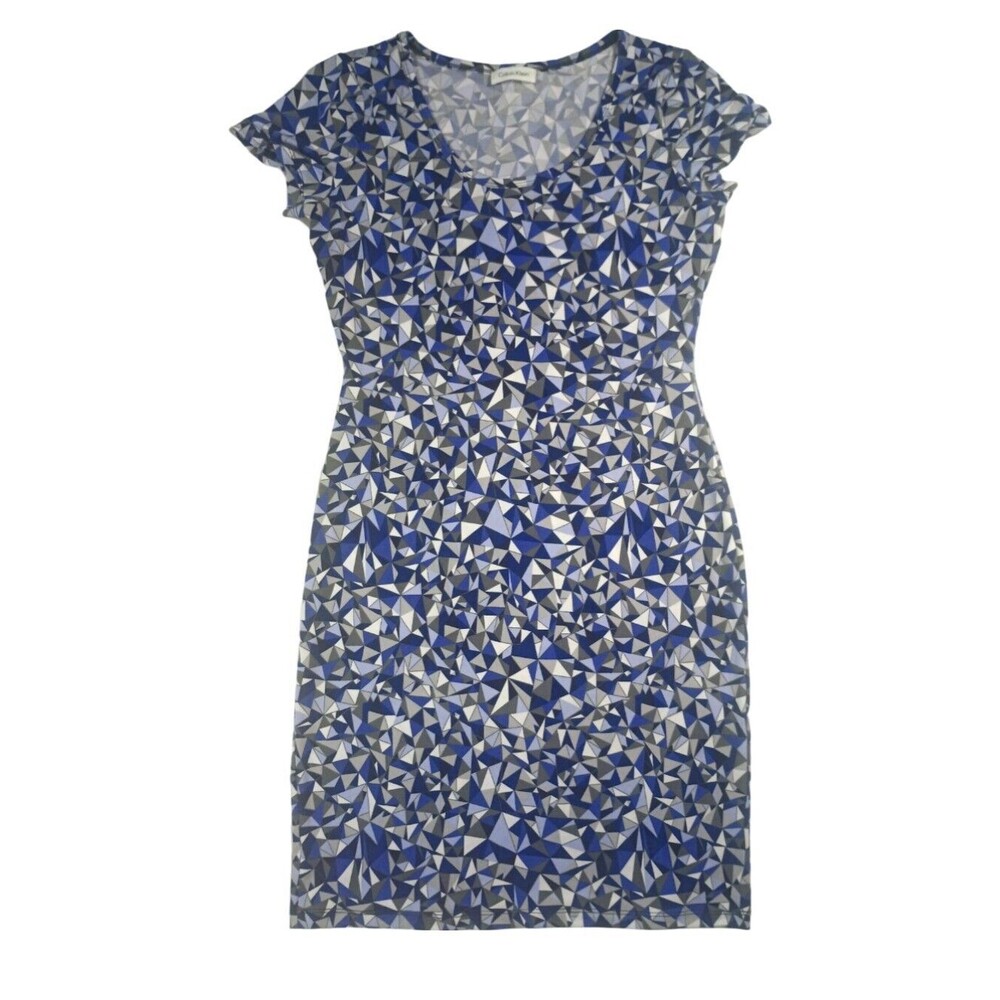 Calvin Klein Sz 6 Blue Geometric Pattern Straight Stretch Slimming Shift Dress